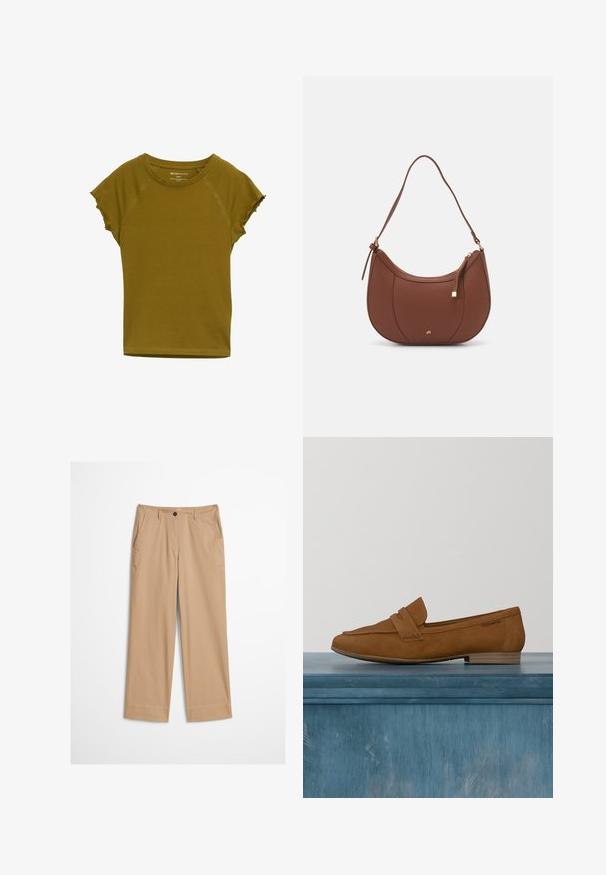 Olivengrøn kortærmet t-shirt med rund halsudskæring, let frynsede ærmekanter og blødt, strækbart stof.; Beige bomuldsbukser med lige ben, knaplukning foran og en glat tekstur. Har standard bærestropper og flad frontdesign.; Brune ruskinds loafers med spids tå og en dekorativ frontrem. Har en trælignende lav hæl og glat inderside.; Brun faux læder skuldertaske med buet form, minimal syning og en guldtonet hardwaredetalje. Har en top lynlåslukning og justerbar rem.