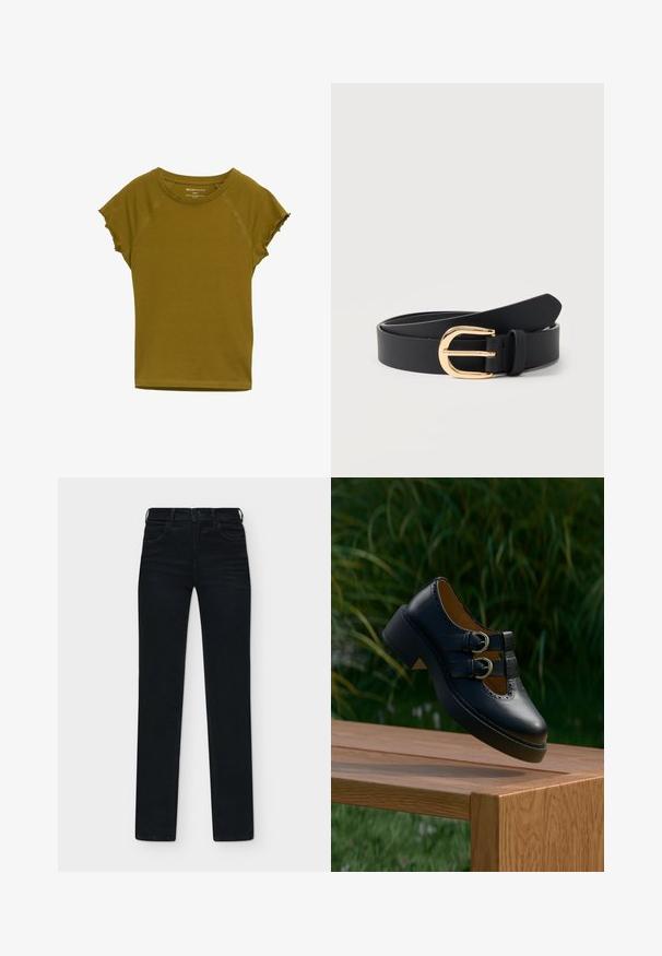 Olivengrøn kortærmet t-shirt med rund halsudskæring, let frynsede ærmekanter og blødt, strækbart stof.; Sorte jeans med lige ben, forlommer, bæltestropper og lukning med knap og lynlås, vist på en ensfarvet baggrund.; Sort læder sko med dobbelt spænde og perforerede detaljer, der svæver over en træbænk udendørs med grøn græs og planter i baggrunden.; Sort læderbælte snoet med en skinnende gylden buet spænde og en bæltestrop på en ensfarvet hvid baggrund.