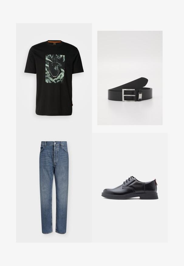 T-shirt en coton noir avec un graphisme central d'un panthère entourée de feuilles, avec un col en chaîne et le texte "BOSS". Manches courtes.; Jean droit en denim bleu avec taille haute, fermeture à boutons sur le devant et design à cinq poches sur un fond clair uni.; Chaussures en cuir noir à lacets avec une texture lisse, un bout arrondi et des détails de couture discrets. Présentent une languette rouge à l'arrière.; Ceinture en cuir noir avec une texture lisse et élégante, dotée d'une boucle en métal argenté et d'un détail de marque subtil.