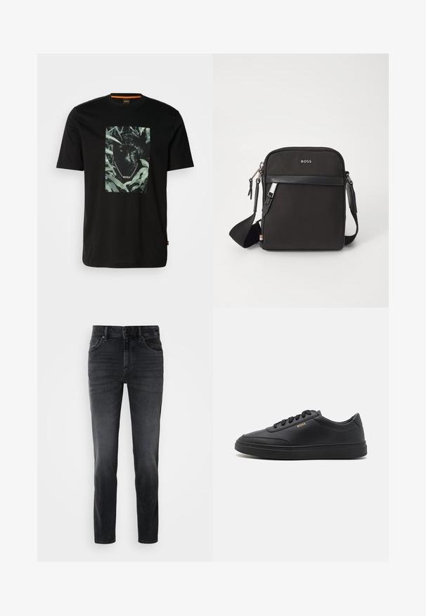 Camiseta de algodón negra con un gráfico central de un pantera rodeada de hojas, con un cuello de cadena y el texto "BOSS". Mangas cortas.; Jeans de mezclilla negros con un corte ajustado, que presentan una cintura de altura media, diseño clásico de cinco bolsillos y un ligero desgaste en las piernas.; Zapatillas de cuero negro con una textura suave, punta redondeada, suela plana de goma y cordones a tono. Presentan el logotipo dorado "BOSS" en el lateral.; Bolso bandolero negro con un tejido texturizado, logo en la parte frontal, cierre de cremallera y correa ajustable. Presenta un ribete de cuero suave.