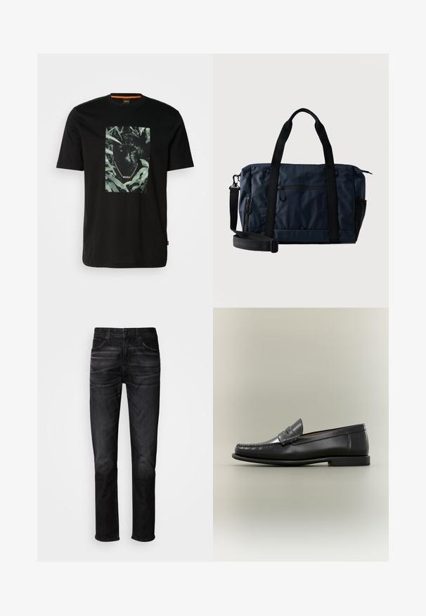Zwarte katoenen t-shirt met een centraal grafisch ontwerp van een panter omringd door bladeren, met een kettingkraag en de tekst "BOSS". Korte mouwen.; Zwarte denim jeans met een rechte pasvorm, ontwerp met vijf zakken, subtiele vervaging en een knoopsluiting. Klassieke stijl, geschikt voor casual dragen.; Zwarte leren herenslipper met moc-toe ontwerp, pennestrook en lage hak op een neutrale achtergrond.; Navyblauwe stoffen duffeltas met zwarte handgrepen, voorzak met ritssluiting, verstelbare schouderriem en het "BOSS"-logo gecentreerd boven de zak.