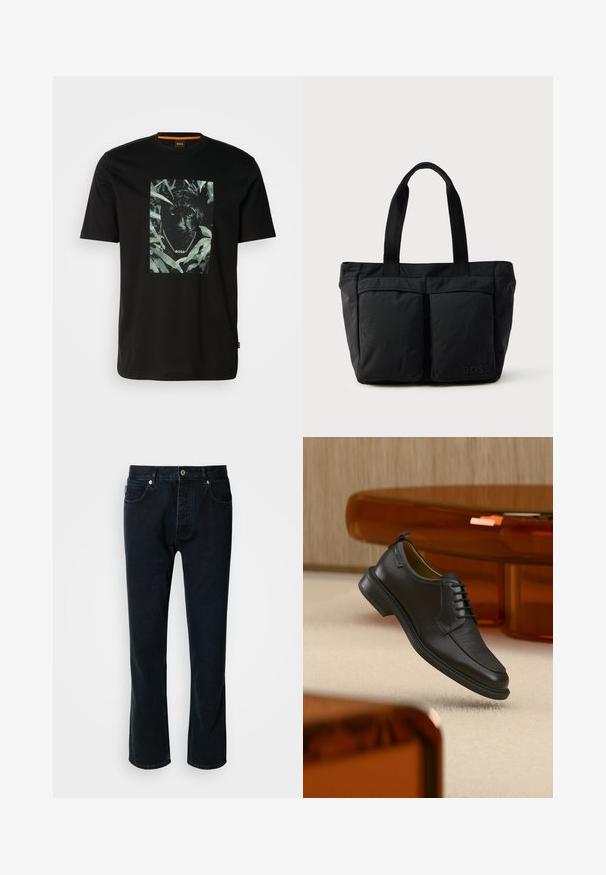 Zwarte katoenen t-shirt met een centraal grafisch ontwerp van een panter omringd door bladeren, met een kettingkraag en de tekst "BOSS". Korte mouwen.; HUGO JONAH - Straight leg jeans - dark blue; Zwarte leren veterschoen in de stijl van een nette schoen met een gestructureerd vooraanzicht, zwevend boven een beige tapijt in een moderne kamer met amberkleurige meubelen.; Zwarte tote bag met een zachte stoffen constructie, twee voorvakken en stevige handvatten. Logo aan de zijkant weergegeven. Eenvoudig, functioneel ontwerp.