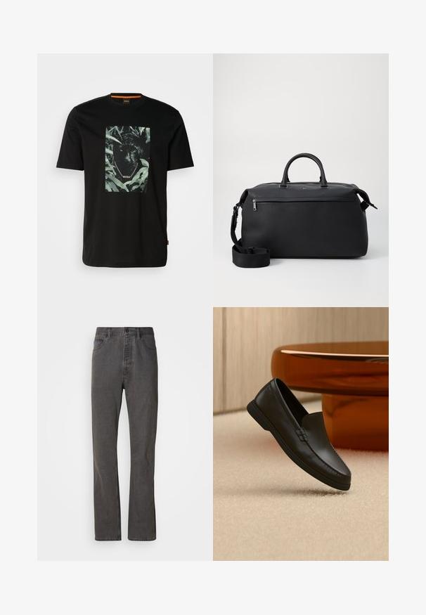 Camiseta de algodón negra con un gráfico central de un pantera rodeada de hojas, con un cuello de cadena y el texto "BOSS". Mangas cortas.; Vaqueros de mezclilla gris con un diseño de pierna recta, que cuentan con bolsillos frontales, un cierre de botón y una textura sutil.; Mocasín negro de piel sin cordones exhibido sobre una alfombra beige junto a una mesa de cristal curva color ámbar en una habitación de tonos neutros.; Bolsa de viaje de cuero negro con dos asas superiores, una correa de hombro desmontable y un bolsillo frontal con cremallera para almacenamiento adicional.