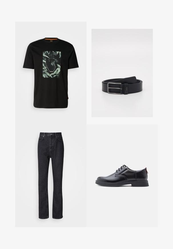 Schwarzes Baumwoll-T-Shirt mit einem zentralen Motiv eines Panthers, umgeben von Blättern, mit einem Kettenkragen und dem Text "BOSS". Kurze Ärmel.; Hochtaillierte schwarze Jeans aus Denim mit Knopf- und Reißverschluss, Vorder- und Hintertaschen sowie einer geraden Passform.; Schwarze Leder-Schnürschuhe mit glatter Textur, rundem Zehenbereich und dezenten Ziernähten. Mit einem roten Laschenband an der Ferse.; Schwarzer Ledergürtel mit schlankem Design, silberner Metallschnalle und glatter Oberfläche. Logodetail in der Nähe der Schnalle.