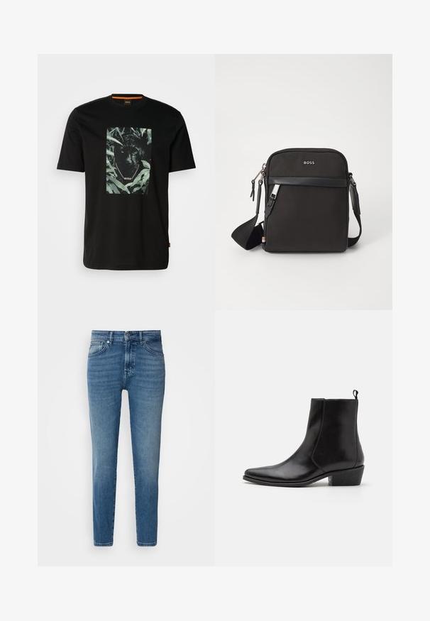 Schwarzes Baumwoll-T-Shirt mit einem zentralen Motiv eines Panthers, umgeben von Blättern, mit einem Kettenkragen und dem Text "BOSS". Kurze Ärmel.; Helle blaue Denim-Jeans mit geradem Schnitt, traditionellem Fünf-Taschen-Design, Metallknopfverschluss und dezentem Verblassen an der Vorderseite.; Zign LEATHER - Cowboy-/Bikerstiefelette - black; Schwarze Umhängetasche aus strukturiertem Stoff, mit Logo auf der Vorderseite, Reißverschluss und verstellbarem Tragegurt. Verfügt über eine glatte Lederbesatz.