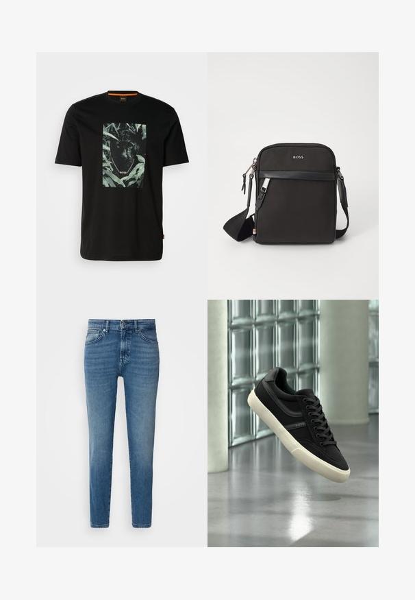 Schwarzes Baumwoll-T-Shirt mit einem zentralen Motiv eines Panthers, umgeben von Blättern, mit einem Kettenkragen und dem Text "BOSS". Kurze Ärmel.; Helle blaue Denim-Jeans mit geradem Schnitt, traditionellem Fünf-Taschen-Design, Metallknopfverschluss und dezentem Verblassen an der Vorderseite.; Schwarzer Low-Top-Sneaker mit weißer Sohle und Schnürsenkeln, Marke "BOSS", schwebend im Innenraum nahe Glasbausteinfenstern und Betonpfeilern.; Schwarze Umhängetasche aus strukturiertem Stoff, mit Logo auf der Vorderseite, Reißverschluss und verstellbarem Tragegurt. Verfügt über eine glatte Lederbesatz.