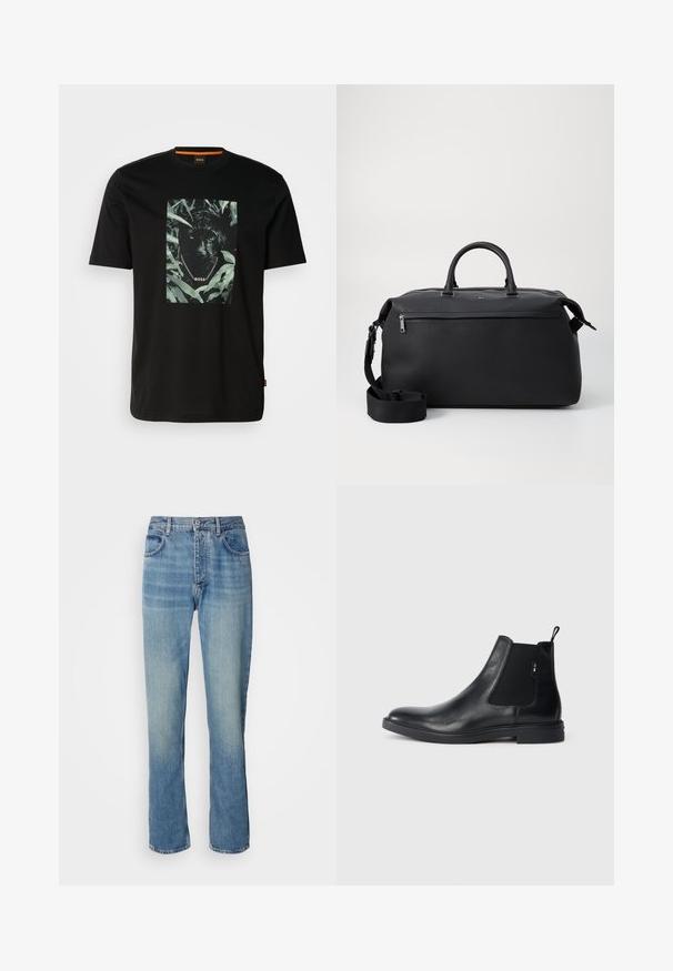 Sort bomulds t-shirt med et centralt grafik af en panter omgivet af blade, med en kædekrave og "BOSS" tekst. Korte ærmer.; Lyseblå straight-leg denim jeans med høj talje, frontknap, lynlås lukning og fem-lomme design.; Sorte læder Chelsea støvler med elastiske sidepaneler, en pull-tab og en flad gummisål. Glat tekstur med minimal detaljer.; Sort læder duffel taske med to top hanke, en aftagelig skulderrem og en lynlåslomme foran til ekstra opbevaring.