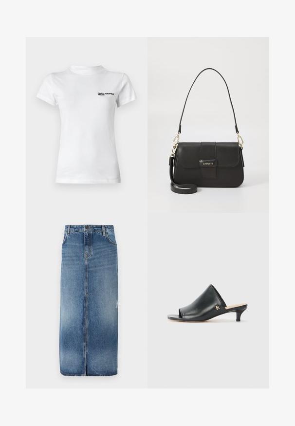 Hvid bomulds t-shirt med rund hals. Har korte ærmer og en sort logo tekst "KARL LAGERFELD JEANS" på venstre bryst.; Denim midi nederdel med en lys til mørkeblå gradient, frontlukning og subtile slidte detaljer nær sømmen. Råkant i bunden.; Sorte læder open-toe mules med en lav hæl. Har en glat overflade og et guld logo-prim på siden.; Sort læder håndtaske med rektangulær form, guldhardware og klaplukning. Har en aftagelig skulderrem og mærkeaccent.