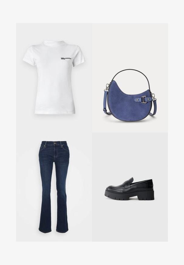 Camiseta de algodón blanca con cuello redondo. Presenta mangas cortas y un logo negro con el texto "KARL LAGERFELD JEANS" en el lado izquierdo del pecho.; Vaqueros acampanados de un azul oscuro, fabricados en denim; de cintura alta, con cinco bolsillos, detalles en dorado y una textura suave con un desvanecimiento sutil en los muslos.; Mocasín negro con plataforma gruesa, parte superior de cuero suave, tira decorativa y suela gruesa texturizada sobre fondo blanco.; Pequeño bolso de mano curvado de ante azul con asa superior, correa de hombro desmontable y detalle de hebilla plateada sobre un fondo claro.