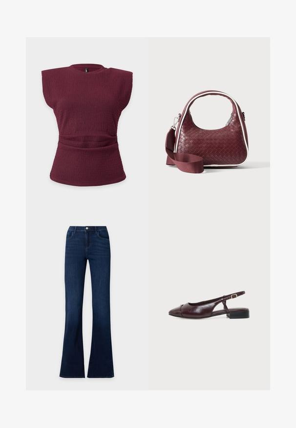 Haut sans manches en maille texturée bordeaux avec épaules rembourrées et détail taille froncée sur un fond clair uni.; Jean en denim bleu foncé avec jambes évasées, poches avant et fermeture à bouton à la taille.; Chaussure plate slingback en cuir marron foncé avec bout pointu, petit détail doré sur le devant et bride latérale réglable avec boucle.; Sac à main en cuir tressé marron foncé avec poignée courbée, garniture blanche, fermeture éclair argentée et bandoulière large en tissu amovible sur fond uni.