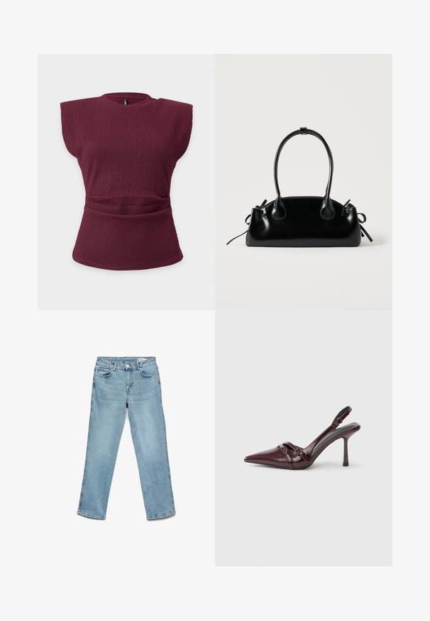 Haut sans manches en maille texturée bordeaux avec épaules rembourrées et détail taille froncée sur un fond clair uni.; Jean en denim bleu clair avec une coupe droite, cinq poches et une fermeture à bouton. Texture lisse avec un minimum de décoloration.; Escarpin slingback en cuir verni bordeaux avec bout pointu, fine bride à la cheville et petit détail décoratif de boucle. Texture lisse et talon haut.; Petit sac à main noir brillant avec deux longues anses et des détails à cordon sur les côtés sur un fond clair uni.