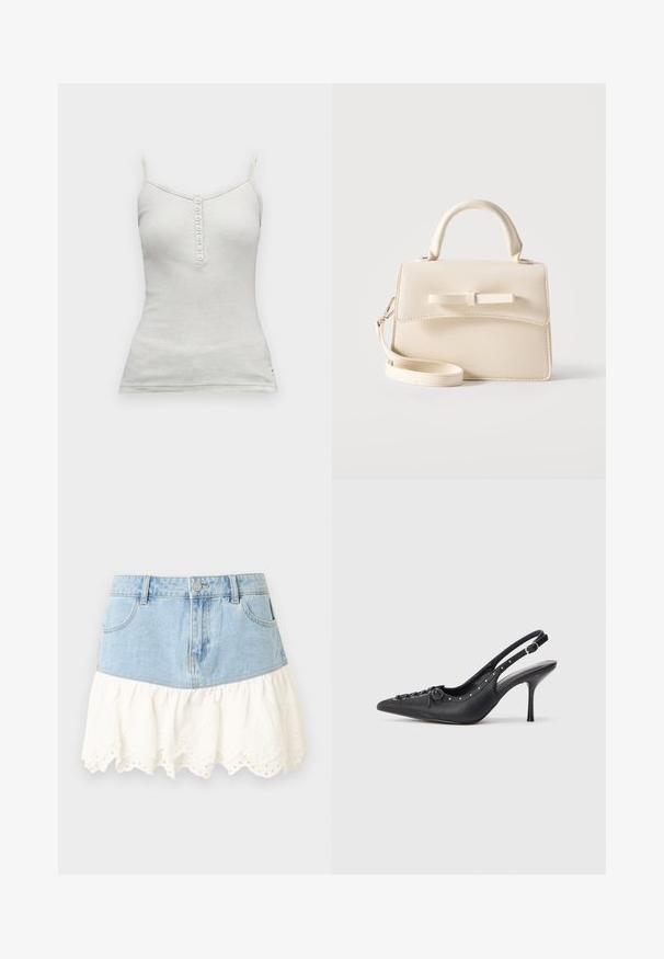 Débardeur blanc sans manches avec fines bretelles et une rangée verticale de sept boutons au centre devant.; Mini-jupe en denim avec poches avant et bouton, dotée d'un ourlet volanté en dentelle ajourée blanche pour un effet superposé.; Escarpin en cuir noir à talon aiguille avec un bout pointu, une bride latérale à boucle, des clous le long du bord et un laçage décoratif à l'avant.; Petit sac à main beige avec poignée supérieure, bandoulière amovible, rabat avant et nœud horizontal décoratif sur un fond uni.
