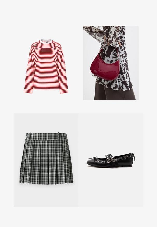 T-shirt manches longues avec col rond, rayures horizontales rouges et blanches, coupe décontractée et col blanc sur fond uni.; Jupe plissée à carreaux noir et blanc avec une taille lisse et de multiples plis verticaux. Fabriquée en tissu léger.; Chaussure de ballet plate noire avec doubles brides à boucle, œillets argentés et petit nœud près de l’orteil arrondi sur fond blanc.; Femme portant un chemisier à motif noir et blanc tenant un sac à main rouge brillant sur un fond uni.