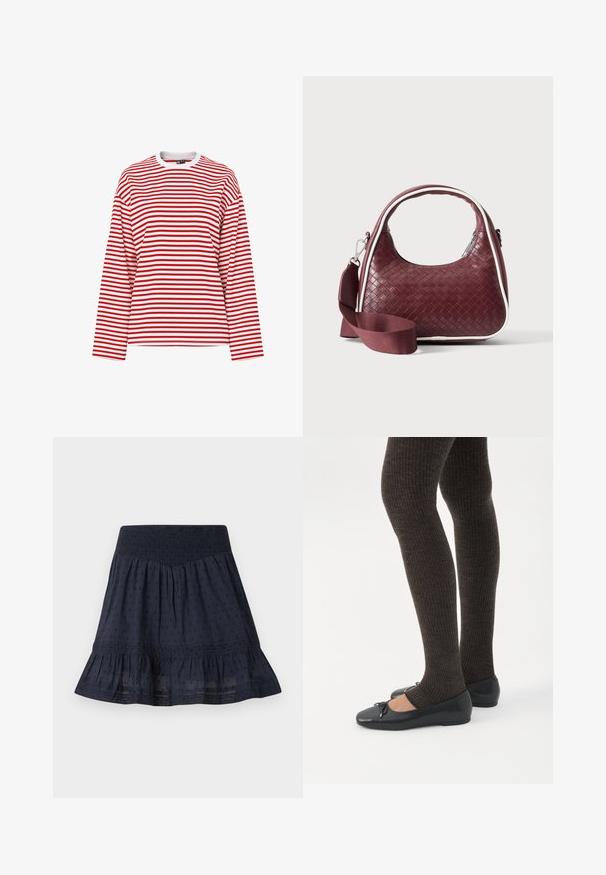 T-shirt manches longues avec col rond, rayures horizontales rouges et blanches, coupe décontractée et col blanc sur fond uni.; Jupe bleu marine longueur genou avec taille smockée élastique, motif discret à pois et ourlet volanté.; Jambes portant des leggings côtelés foncés associés à des ballerines noires avec de petits détails en nœud sur fond blanc.; Sac à main en cuir tressé marron foncé avec poignée courbée, garniture blanche, fermeture éclair argentée et bandoulière large en tissu amovible sur fond uni.