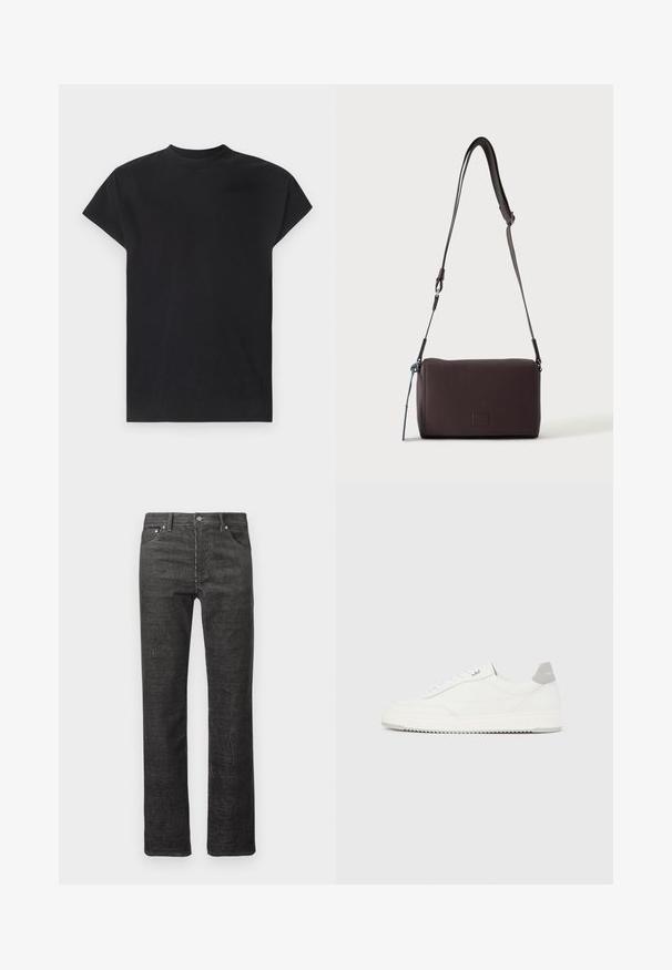 Won Hundred CREED - T-shirt basique - black; Jean droit en velours côtelé noir avec poches avant et arrière, passants de ceinture et fermeture à bouton sur fond blanc.; Baskets basses blanches avec un onglet de talon gris, des lacets blancs et une semelle texturée, présentées sur un fond uni clair.; Sac bandoulière en cuir marron foncé texturé avec une sangle réglable et un petit accent décoratif bleu sur le côté.