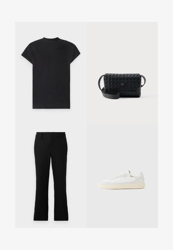 Won Hundred CREED - T-shirt basique - black; Pantalons évasés noirs en tissu mélangé coton, dotés d'une fermeture à bouton, de passants de ceinture et d'une texture lisse sans motifs visibles.; Baskets blanches avec dessus en daim et cuir texturé. Caractérisées par un bout arrondi, une fermeture à lacets et une semelle en caoutchouc beige contrastante.; Sac bandoulière noir texturé avec une fermeture à rabat et un petit logo en métal sur le devant, présenté sur un fond uni.