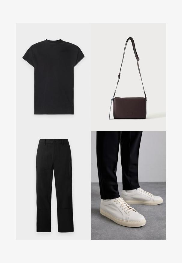 Won Hundred CREED - T-shirts basic - black; Sorte bukser lavet af et glat stof, med flad front, to forlommer og lige ben med diskrete syninger detaljer.; Lys beige lædersneakers med flade snørebånd, en tekstureret overflade og en kontrasterende cremelilla gummisål, båret med sorte tapered bukser.; Mørkebrun textured læder crossbody taske med justerbar rem og lille dekorativ blå accent på siden.