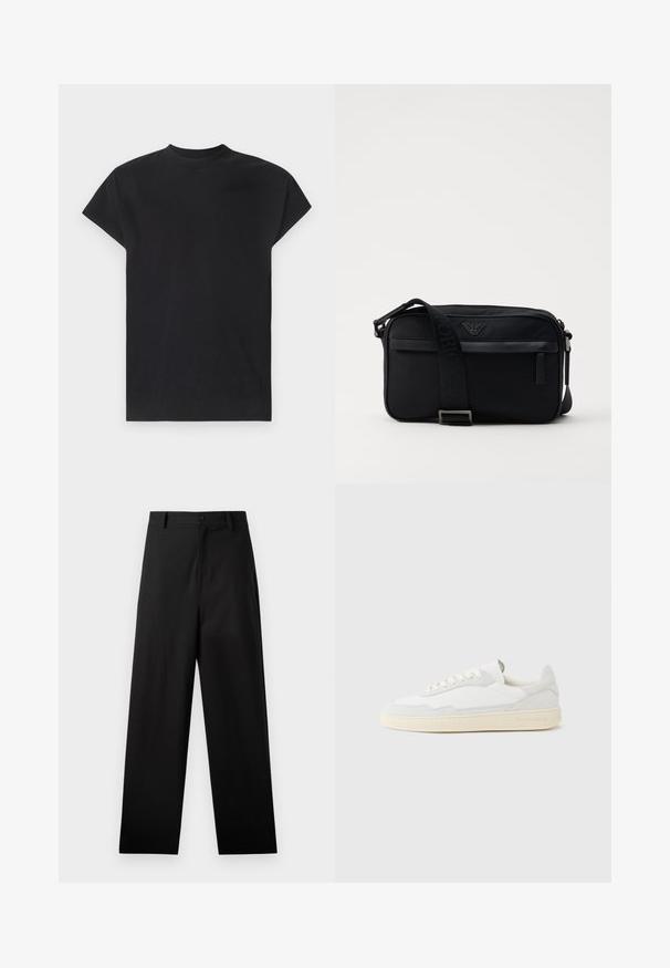 Won Hundred CREED - T-shirt basique - black; Pantalons noirs en coton avec une coupe droite, dotés d'une fermeture à bouton à l'avant et de poches latérales. Texture lisse, sans motifs.; Baskets blanches avec dessus en daim et cuir texturé. Caractérisées par un bout arrondi, une fermeture à lacets et une semelle en caoutchouc beige contrastante.; Sac à bandoulière en nylon noir avec une sangle contrastante, une forme rectangulaire élégante, un détail de logo et une poche zippée à l'avant.