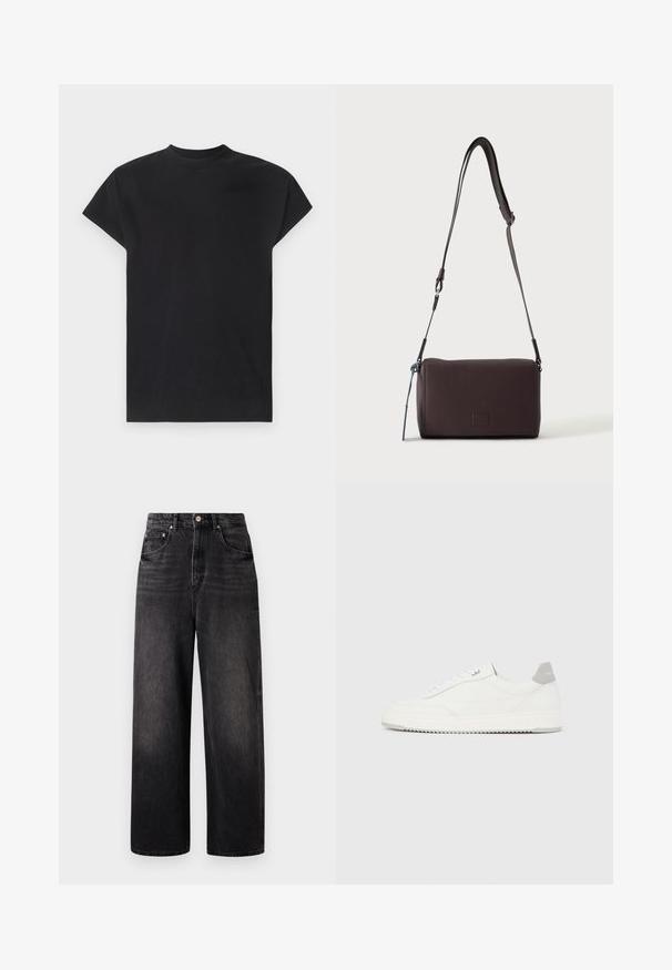 Won Hundred CREED - T-shirt basic - black; Zwarte denim jeans met een losse pasvorm, hoge taille, vijf zakken en een opvallende knoopsluiting. Heeft subtiele vervaging en een recht gesneden ontwerp.; Witte lage sneaker met grijze hielpatch, witte veters en een gestructureerde zool, gepresenteerd op een effen lichte achtergrond.; Donkerbruine gestructureerde leren crossbodytas met verstelbare riem en klein decoratief blauw accent aan de zijkant.
