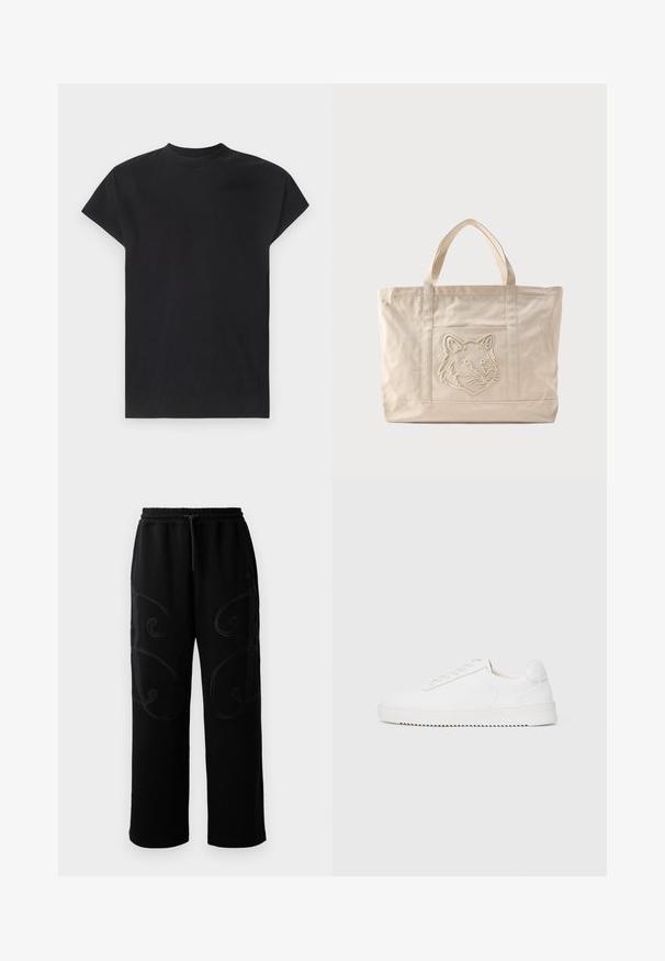 Won Hundred CREED - T-Shirt basic - black; Schwarze Sweatpants mit lockerer Passform, die an den Seiten über aufwendige, spiralförmige Nähmuster verfügen und einen elastischen Bund mit Kordelzug haben.; Weißer Sneaker mit einem Obermaterial aus glattem Leder, abgerundetem Zehenbereich, Schnürsenkeln, strukturierten seitlichen Akzenten und einer dicken Gummisohle. Minimalistisches Design.; Beige Canvas-Tragetasche mit doppelten Griffen und einem geprägten Wolfskopfdesign auf der Fronttasche.