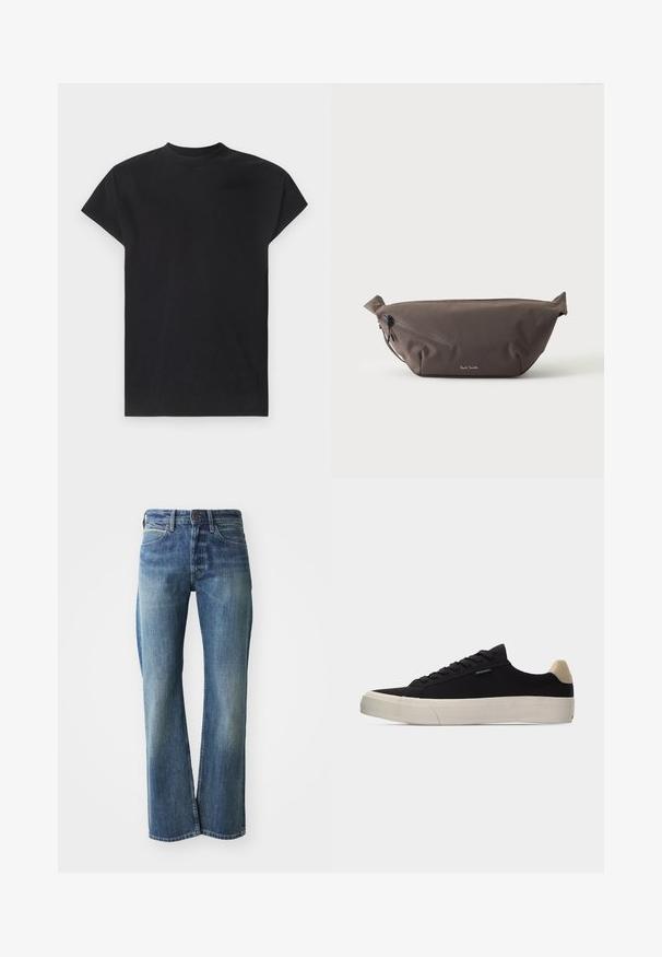 Won Hundred CREED - T-Shirt basic - black; Jeans aus Denim in einem hellen bis mittleren Blauton, mit geradem Schnitt, klassischem Fünf-Taschen-Design und subtiler Ausbleichung auf der Vorderseite.; Schwarzer Low-Top-Sneaker mit beigem Fersenlasche, weißer dicker Gummisohle, schwarzen Schnürsenkeln und kleinem "PS Paul Smith"-Label an der Seite.; Dunkelbraune Stoff-Gürteltasche mit diagonalem Reißverschlussfach und kleinem weißen Logo vorne, vor einem einfarbigen hellen Hintergrund.