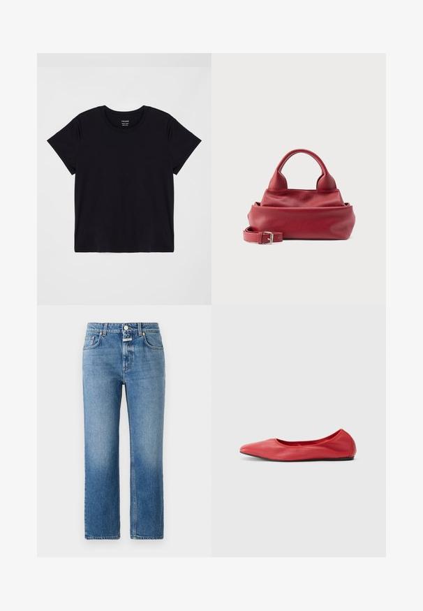 T-shirt noir à manches courtes en coton doux. Design classique à col rond avec une surface simple et sans embellissement et une coupe décontractée.; CLOSED MILO - Jean droit - mid blue; Filippa K REY FLATS - Ballerines - bright red; Sac à main en cuir rouge texturé avec deux poignées arrondies et une bandoulière détachable avec une boucle argentée sur fond blanc.