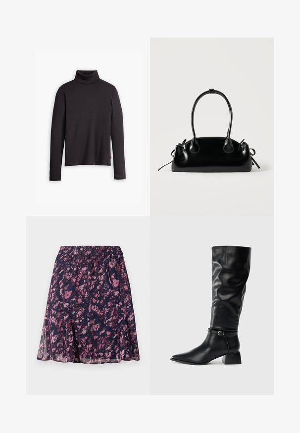 Jersey de cuello alto negro con textura acanalada, de mangas largas y diseño ajustado. Textura suave, ligero estiramiento y una etiqueta en el lado inferior.; Falda marina con cintura elástica, que presenta un patrón abstracto de flores en tonos rosa y púrpura, y un dobladillo ligeramente acampanado.; Bota de cuero negra hasta la mitad de la pantorrilla con tacón bajo cuadrado, punta afilada y correa decorativa en el tobillo con hebilla plateada sobre un fondo liso.; Pequeño bolso negro brillante con dos asas largas y detalles de cordón lateral sobre un fondo claro liso.