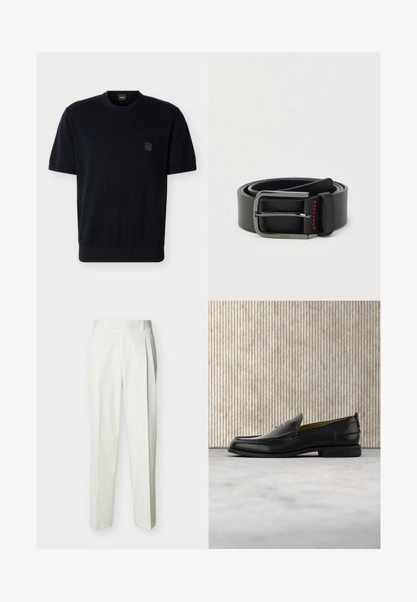 Pull noir à manches courtes avec col rond, poignets et ourlet côtelés, arborant un petit patch logo ton sur ton sur la poitrine gauche.; Pantalon blanc ajusté taille haute avec passants de ceinture et plis sur le devant, présenté sur un fond uni.; Mocassin pour homme en cuir noir avec un dessus embossé effet croco et un petit talon, présenté de profil sur un fond neutre.; Ceinture en cuir noir avec une boucle argentée et des coutures rouges, enroulée sur un fond clair uni.