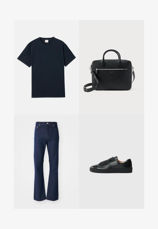 Effen donkermarineblauwe t-shirt met korte mouwen en ronde hals, voorzien van een klein reliëflogo nabij de onderzoom.; Flared donkerblauwe jeans gemaakt van denim. Beschikt over vijf zakken, een ritssluiting aan de voorkant en een metalen knoopsluiting. Klassieke stikselaccenten.; Zwarte leren sneaker met een gladde textuur, ronde neus en vetersluiting. Heeft een dikke rubberen zool en minimale merkaanpassing.; Zwart gestructureerde rechthoekige leren aktetas met dubbele handvatten, voorvak met rits en verstelbare schouderriem, weergegeven op witte achtergrond.