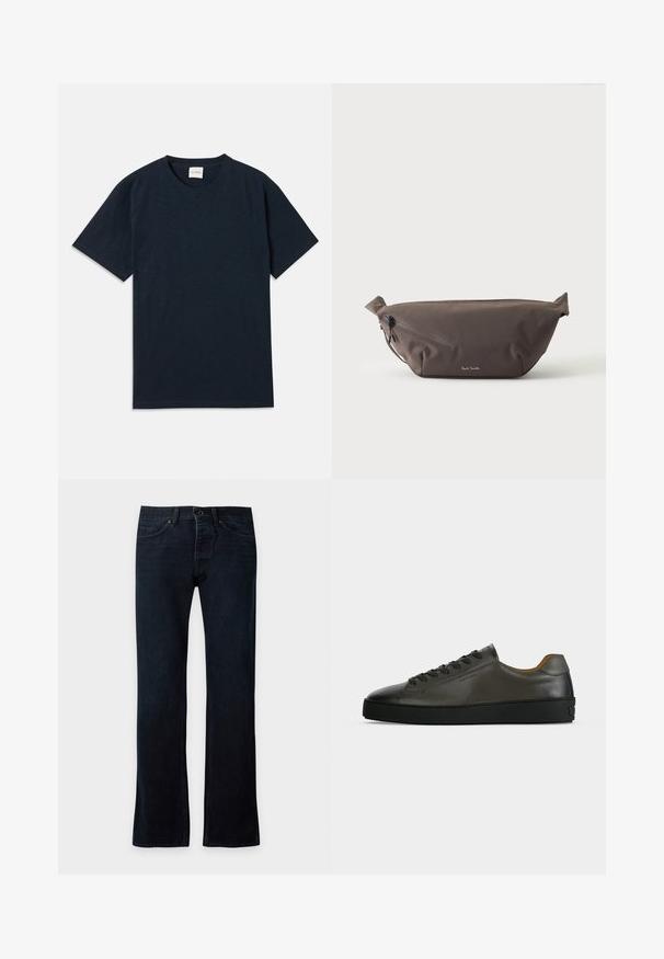 Effen donkermarineblauwe t-shirt met korte mouwen en ronde hals, voorzien van een klein reliëflogo nabij de onderzoom.; Donkerblauwe rechte spijkerbroek met knopen en ritssluiting aan de voorkant, voor- en achterzakken, plat gelegd op een lichte achtergrond.; Donkergrijze leren lage sneaker met zwarte veters en zool, minimalistisch ontwerp, zijaanzicht op een effen lichte achtergrond.; Donkerbruine stoffen heuptas met diagonale ritssluiting en klein wit logo aan de voorkant, tegen een effen lichte achtergrond.