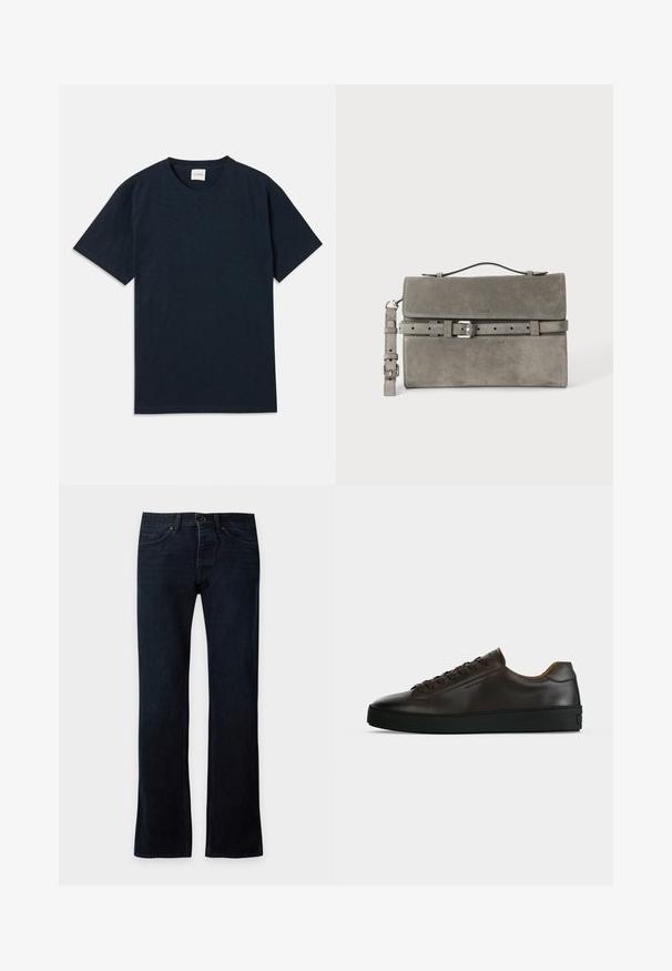 Ein einfarbiges, dunkelblaues Kurzarm-T-Shirt mit Rundhalsausschnitt und kleinem eingeprägtem Logo nahe dem unteren Saum.; Dunkelblaue Jeans mit geradem Bein, vorne mit Knopf- und Reißverschluss, vordere und hintere Taschen, flach auf hellem Hintergrund dargestellt.; Flach geschnittener dunkelbrauner Ledersneaker mit schwarzer Gummisohle, Schnürung vorne und schlicht-minimalistischem Design auf hellem Hintergrund.; Graue rechteckige Clutch aus Veloursleder mit oberem Griff, abnehmbarem Riemen und silbernem Schnallengürtel-Detail auf der Vorderklappe.