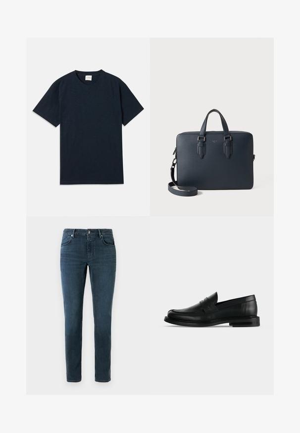 Ensfarvet mørkeblå kortærmet t-shirt med rund hals og lille præget logo nær den nederste kant.; Mørkeblå jeans med slim fit, fem-lomme design og knaplukning. Lavet af denim med en glat overflade og subtilt slid.; Sort læder herre penny loafer med lav stablet hæl og rundet tå vist fra siden på lys grå baggrund.; Mørkeblå læder laptop taske med dobbelte top håndtag, aftagelig skulderrem, tekstureret finish og diskrete metalliske detaljer.