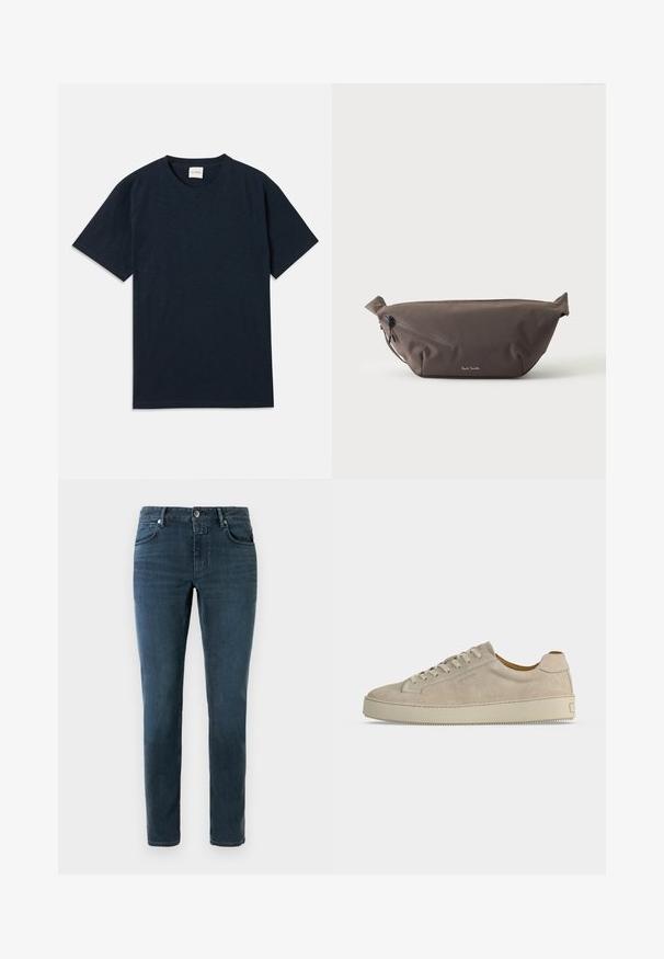 Ein einfarbiges, dunkelblaues Kurzarm-T-Shirt mit Rundhalsausschnitt und kleinem eingeprägtem Logo nahe dem unteren Saum.; Dunkelblaue Jeans mit Slim-Fit, Fünf-Taschen-Design und Knopfverschluss. Aus Denim mit glatter Textur und subtiler Ausbleichung.; Beiger Wildleder-Low-Top-Sneaker mit Schnürverschluss und dicker Gummisohle, von der Seite auf weißem Hintergrund gezeigt.; Dunkelbraune Stoff-Gürteltasche mit diagonalem Reißverschlussfach und kleinem weißen Logo vorne, vor einem einfarbigen hellen Hintergrund.