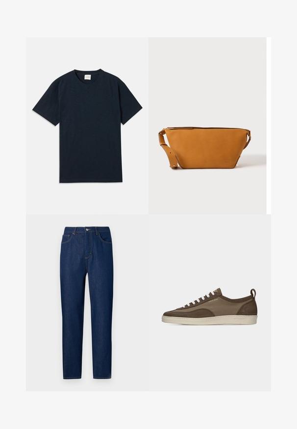 Ensfarvet mørkeblå kortærmet t-shirt med rund hals og lille præget logo nær den nederste kant.; Les Benjamins Jeans Straight Leg - rinse wash; Lavprofileret brun sneaker med hvide snørebånd, beige sål, stof og ruskindsoverdel, side pull-tab og "Tiger of Sweden" logo i guldtekst.; Lys brun læder crossbody taske med justerbar rem og lynlås, vist mod en ensartet lys baggrund.
