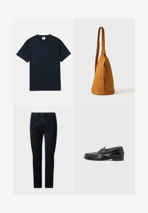 Ein einfarbiges, dunkelblaues Kurzarm-T-Shirt mit Rundhalsausschnitt und kleinem eingeprägtem Logo nahe dem unteren Saum.; Schwarze Slim-Fit-Jeans mit Vorderknopf und Reißverschluss, Fünf-Taschen-Stil, flach auf hellem Hintergrund gezeigt.; Schwarze Leder-Loafer mit Mokassin-Design, verziert mit einem dekorativen Band und Steppnähten am Obermaterial. Niedriger Blockabsatz.; Hellbraune Leder-Umhängetasche mit verstellbarem Trageriemen und vertikaler Reißverschlusstasche, von der Seite vor hellem, einfarbigem Hintergrund gezeigt.