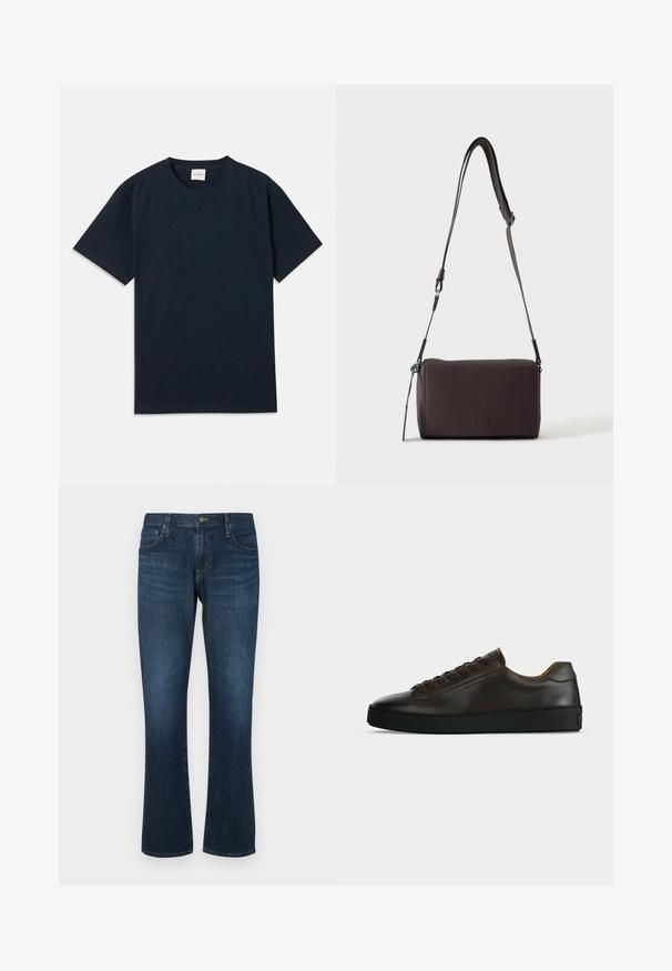 Ein einfarbiges, dunkelblaues Kurzarm-T-Shirt mit Rundhalsausschnitt und kleinem eingeprägtem Logo nahe dem unteren Saum.; Dunkelblaue Jeans aus Denim mit geradem Bein, fünf Taschen und einem Metallknopfverschluss. Glatte Textur mit dezenten Gebrauchsspuren.; Flach geschnittener dunkelbrauner Ledersneaker mit schwarzer Gummisohle, Schnürung vorne und schlicht-minimalistischem Design auf hellem Hintergrund.; Dunkelbraune, strukturierte Leder-Crossbody-Tasche mit verstellbarem Riemen und kleinem dekorativen blauen Akzent an der Seite.