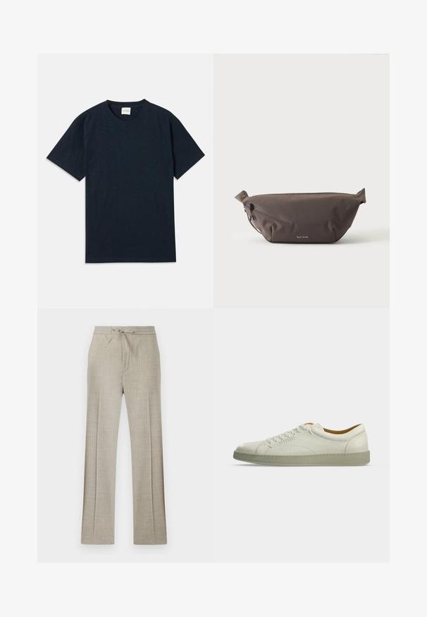 Camiseta de cuello redondo de manga corta en un oscuro azul marino liso, con un pequeño logo en relieve cerca del dobladillo inferior.; Pantalones beige de mezcla de lino con sutiles rayas blancas, cintura con cordón y piernas rectas.; Zapatilla blanca de piel de caña baja con suela beige, cordones laterales y detalles de costuras mínimas, mostrada sobre un fondo liso gris claro.; Riñonera de tela marrón oscuro con bolsillo diagonal con cremallera y pequeño logo blanco en el frontal, sobre un fondo liso y claro.
