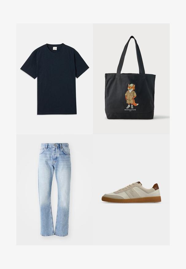 Effen donkermarineblauwe t-shirt met korte mouwen en ronde hals, voorzien van een klein reliëflogo nabij de onderzoom.; Lichtblauwe denim jeans met een rechte pijp. Voorzien van een vijf-pocket ontwerp, knoopsluiting en een vervaagde textuur naar de onderkant.; Casual beige lage sneaker met lichtbruine zool en hielstuk, veterluiting en suède details op de neus en zijkanten.; Zwarte draagtas met twee handvatten, met een illustratie van een vos in een hoed en korte broek en de tekst "Maison Kitsuné Paris" eronder.