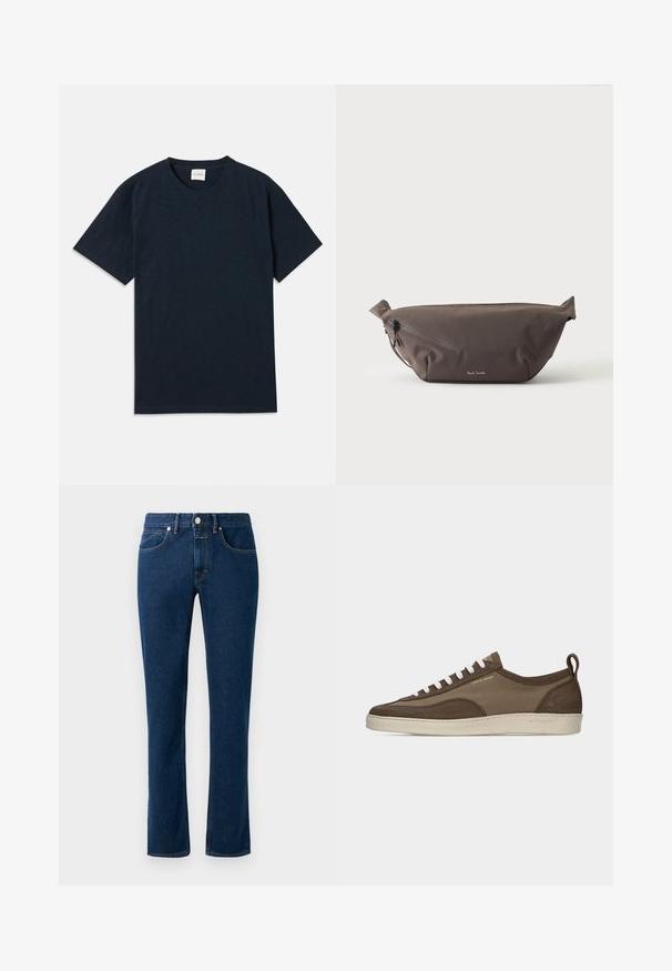 Ein einfarbiges, dunkelblaues Kurzarm-T-Shirt mit Rundhalsausschnitt und kleinem eingeprägtem Logo nahe dem unteren Saum.; Dunkelblaue Denim-Jeans mit einem schlanken, geraden Bein, klassischem Fünf-Taschen-Design und einem Knopfverschluss am Bund.; Flacher brauner Sneaker mit weißen Schnürsenkeln, beiger Sohle, Obermaterial aus Stoff und Wildleder, seitlicher Zuglasche und "Tiger of Sweden"-Logo in goldener Schrift.; Dunkelbraune Stoff-Gürteltasche mit diagonalem Reißverschlussfach und kleinem weißen Logo vorne, vor einem einfarbigen hellen Hintergrund.