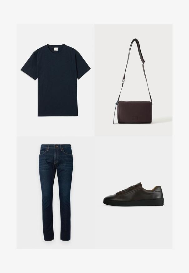 Ensfarvet mørkeblå kortærmet t-shirt med rund hals og lille præget logo nær den nederste kant.; Mørkeblå denimjeans med et tætsiddende design, der har fem lommer og kontrasterende syninger. Stoffet har en glat overflade.; Lavprofil mørkebrune lædersneaker med sort gummisål, snørelukning foran og glat minimalistisk design på lys baggrund.; Mørkebrun textured læder crossbody taske med justerbar rem og lille dekorativ blå accent på siden.