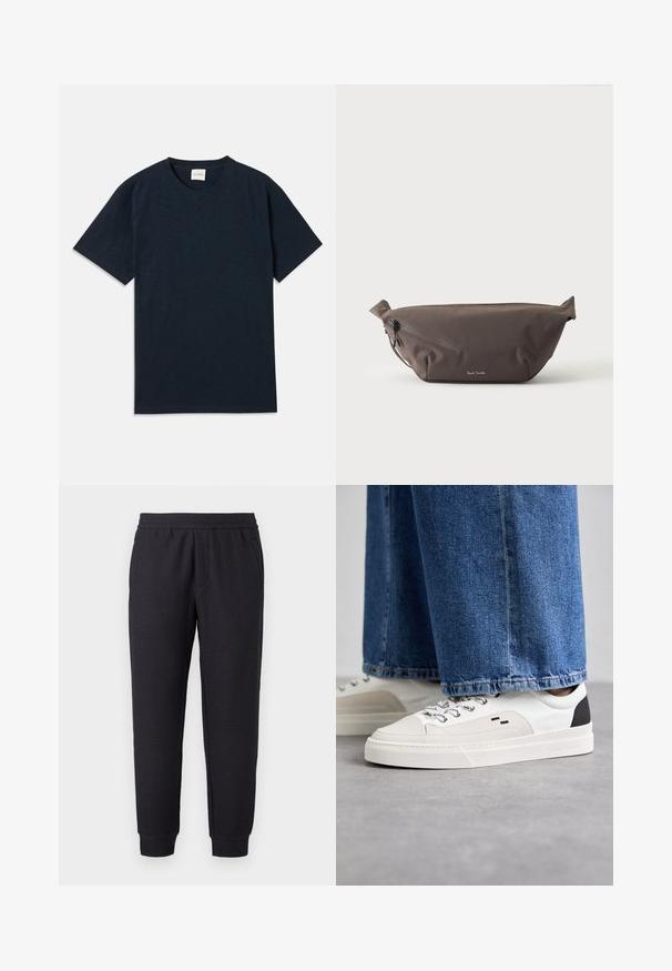 Ensfarvet mørkeblå kortærmet t-shirt med rund hals og lille præget logo nær den nederste kant.; Sorte, tilspidsede joggingbukser med elastisk talje og buksekant, med et diskret tekstureret mønster og sidelommer.; Hvide og sorte sneakers med en glat læderoverdel, teksturerede detaljer og en kraftig hvid sål. Har et klassisk snørebåndsdesign.; Mørkebrun stof talje taske med diagonalt lynlåslomme og lille hvidt logo på fronten, sat mod en ensfarvet lys baggrund.