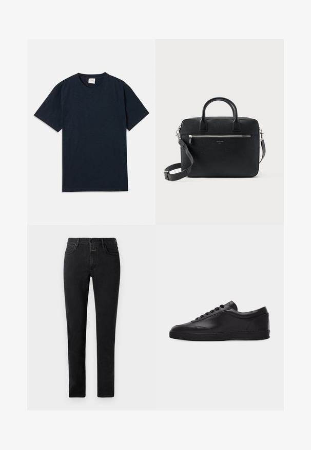 Ensfarvet mørkeblå kortærmet t-shirt med rund hals og lille præget logo nær den nederste kant.; Sorte slim-fit jeans med fem lommer, knappelukning og bælteløkker lagt fladt på en lys baggrund.; Sort lavtstående lædersneaker med snørebånd foran og flad gummisål, vist fra siden på en ensartet hvid baggrund.; Sort struktureret rektangulær lædermappe med dobbelthåndtag, lynlåslomme foran og justerbar skulderrem vist på hvid baggrund.