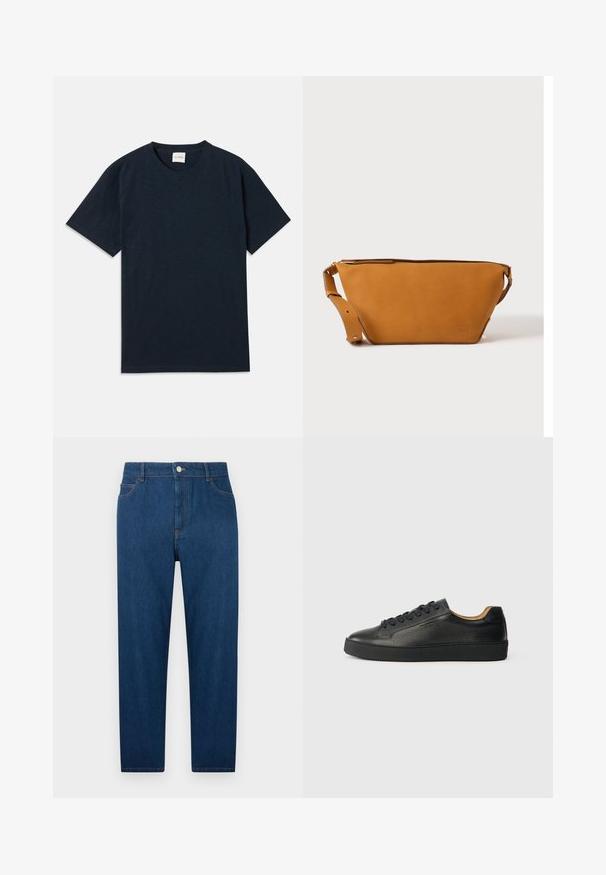 Effen donkermarineblauwe t-shirt met korte mouwen en ronde hals, voorzien van een klein reliëflogo nabij de onderzoom.; Donkerblauwe denim spijkerbroek met rechte pijpen, voorzijde met knoop en ritssluiting, ontwerp met vijf zakken en zichtbare stiksels op taille en zakken.; Zwarte lage leren sneaker met gestructureerd oppervlak, zwarte veters en dikke rubberen zool, zijaanzicht op een lichte achtergrond.; Lichtbruine leren crossbodytas met verstelbare band en ritssluiting, getoond tegen een effen lichte achtergrond.