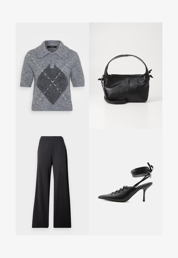 Pull polo à manches courtes en laine grise, avec un motif en losanges gris foncé et des accents de couture blancs. Col classique avec des boutons.; Pantalon large noir à taille haute avec des boutons décoratifs sur les côtés, présenté à plat sur un fond uni.; Chaussure à talon haut noire à bout pointu avec laçage à l'avant et brides enroulées autour de la cheville nouées en nœud, vue de côté sur fond blanc.; Sac à main en cuir noir au design structuré, avec une poignée arrondie et une bandoulière amovible. Présente une texture lisse et un éclat subtil.