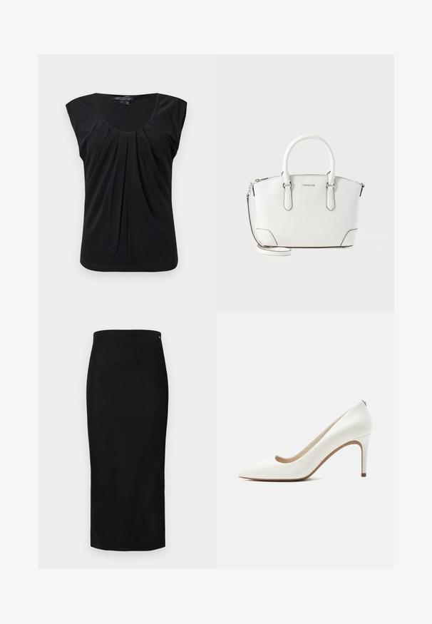 Haut noir sans manches avec un décolleté en scoop et des plissés à l'avant. Fait en tissu lisse avec une coupe décontractée et un ourlet arrondi en bas.; Jupe crayon noire en tissu lisse, présentant une silhouette ajustée, une longueur au genou, et un petit logo de marque près de la ceinture.; Escarpin blanc en cuir à bout pointu avec talon aiguilles fin et haut, finition lisse, vu de profil sur fond clair uni.; Sac à main en cuir blanc à texture grainée, anses supérieures arrondies, bandoulière amovible et éléments métalliques argentés.