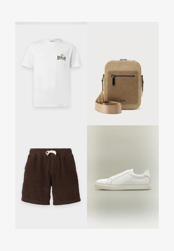 Witte katoenen t-shirt met korte mouwen, voorzien van een zwart en gouden "REPLAY GRAND HOTEL" logo op de linkerkant van de borst. Eenvoudig ontwerp, normale pasvorm.; Bruine corduroy shorts met een elastische tailleband, trekkoordsluiting en zijzakken. De stof heeft verticale ribbels en een gestructureerde afwerking.; Witte lage sneaker met veters aan de voorkant en dikke zool, zijaanzicht tegen een neutrale achtergrond.; Kleine beige crossbodytas met een voorvak met ritssluiting, metalen ALDO-logo, verstelbare brede band en afgeronde rechthoekige vorm op een witte achtergrond.