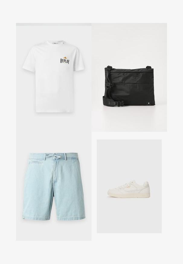 Witte katoenen t-shirt met korte mouwen, voorzien van een zwart en gouden "REPLAY GRAND HOTEL" logo op de linkerkant van de borst. Eenvoudig ontwerp, normale pasvorm.; Lichtblauwe denim shorts met een elastische tailleband en strikdetails, voorzien van zijzakken en een ontspannen pasvorm. Gladde textuur, casual design.; Witte leren sneaker met een gladde textuur, voorzien van geperforeerde accenten, vetersluiting aan de voorkant en een subtiel logo in goud aan de zijkant.; Zwarte nylon boodschappentas met verstelbare riem, plat ontwerp en een zijlabel met een logo. Soepele textuur en minimalistische stijl.
