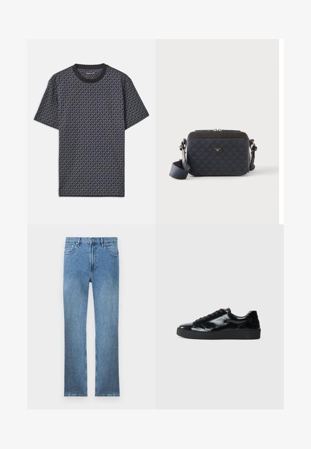 T-shirt noir à manches courtes avec un motif géométrique « MK » en all-over, col rond côtelé et un tissu doux et texturé.; Jean en denim bleu clair avec une coupe droite, cinq poches, une fermeture éclair et des coutures contrastantes. Le tissu a une finition lisse et texturée.; Baskets en cuir verni noir avec un bout arrondi, un laçage, une semelle en caoutchouc texturé et une finition lisse.; Sac bandoulière rectangulaire bleu foncé avec sangle réglable, fermeture éclair et motif subtil du logo sur le panneau avant.