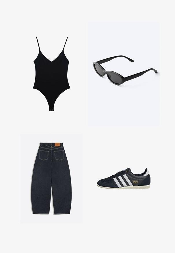Maillot de bain noir une pièce avec décolleté en V, fines bretelles et design sans coutures. Comprend un dos nu et une fermeture à pression en bas. Texture lisse.; Jean en denim bleu foncé à jambes larges vu de dos avec deux poches plaquées et une étiquette de marque en cuir marron sur la ceinture.; Baskets en cuir noir avec trois rayures blanches, une finition texturée, un logo doré "adidas JAPAN" et une semelle en caoutchouc avec un motif de grip.; Lunettes de soleil ovales noires et élégantes avec des verres foncés et des branches droites, posées sur une surface blanche.