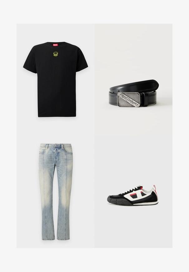 Camiseta de algodón negra de manga corta, con un pequeño logotipo bordado verde en el pecho y un cuello redondo.; Jeans de mezclilla azul claro con diseño de pierna recta, con costuras dobles, bolsillos frontales y acabado desteñido. Sin marcas visibles.; Diesel S PAGODHA LOW - Zapatillas - black; Cinturón de cuero negro con hebilla rectangular plateada que presenta el texto grabado "Diesel Industry Denim Division" sobre un fondo claro a rayas.